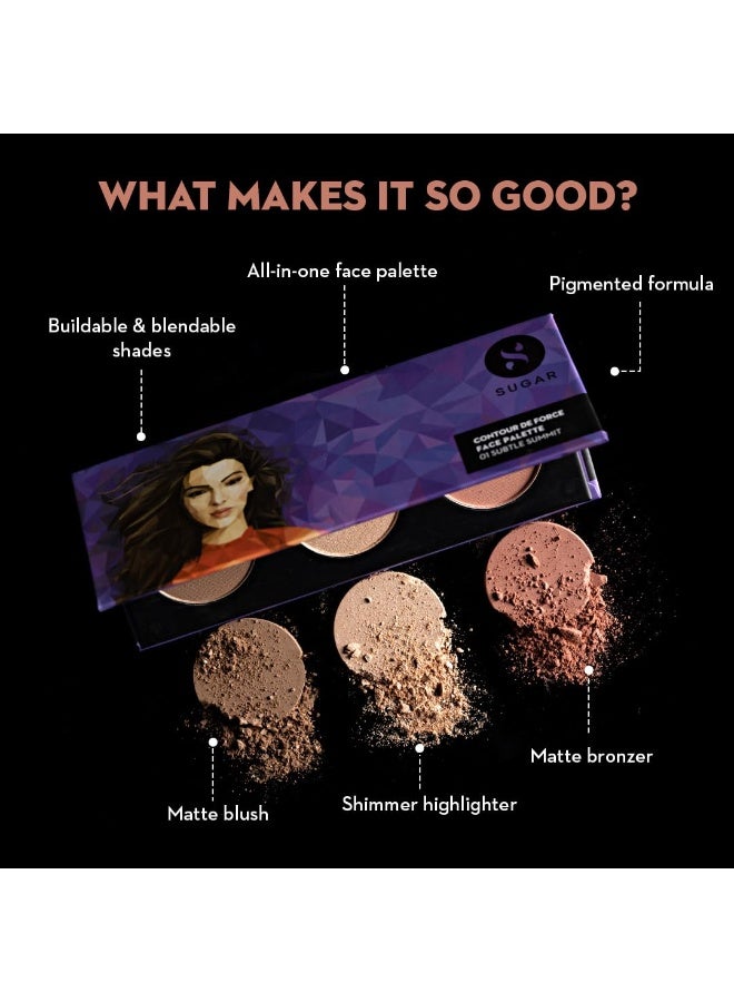 SUGAR Cosmetics Contour De Force Face Palette for Makeup | Includes Matte Bronzer, Highlighter & Blush | Makeup Palette with Built-in Mirror - 01 Subtle Summit - Image 4
